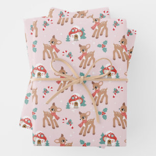 Vintage Christmas Deer and Mushroom Houses Pattern Wrapping Paper Sheets