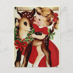 Vintage Christmas deer child Holiday postcard