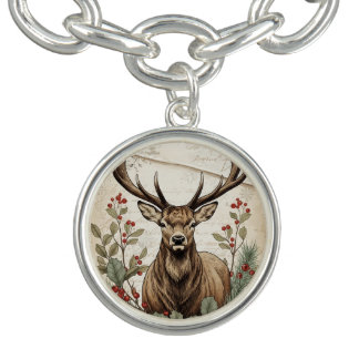 Vintage Christmas Deer Decoupage Art Bracelet
