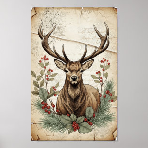 Vintage Christmas Deer Decoupage Art Poster