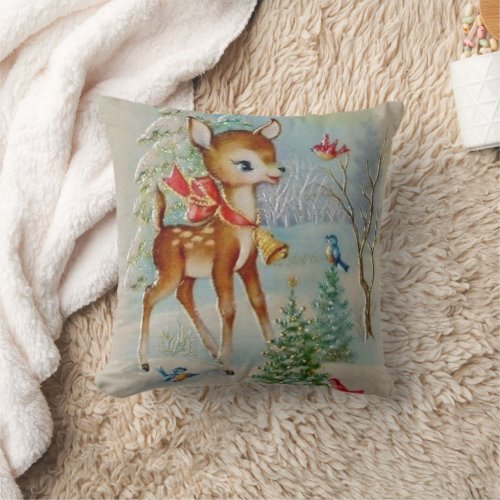 Vintage Christmas deer Holiday throw pillow