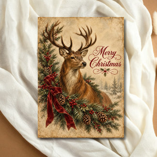 Vintage Christmas Deer Rustic Woodland Stag Holiday Card