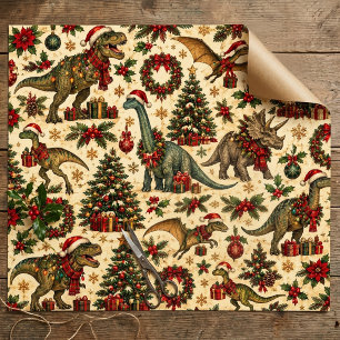 Vintage Christmas Dinosaur Pattern Holiday T-Rex Wrapping Paper