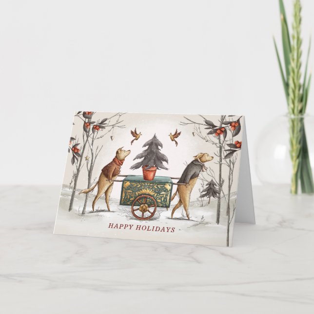 Vintage Christmas Dog Scene Folded Holiday Card (Front)