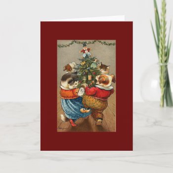 Vintage Christmas Dogs Cats Rocking Around Tree Holiday Card by vintagecreations at Zazzle