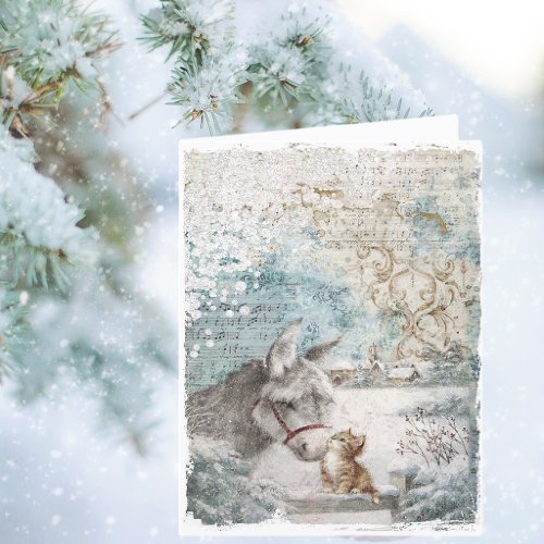 Vintage Christmas Donkey Kitten Holiday Card
