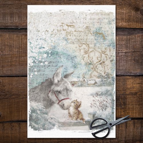 Vintage Christmas Donkey with Kitten craft Tissue Paper