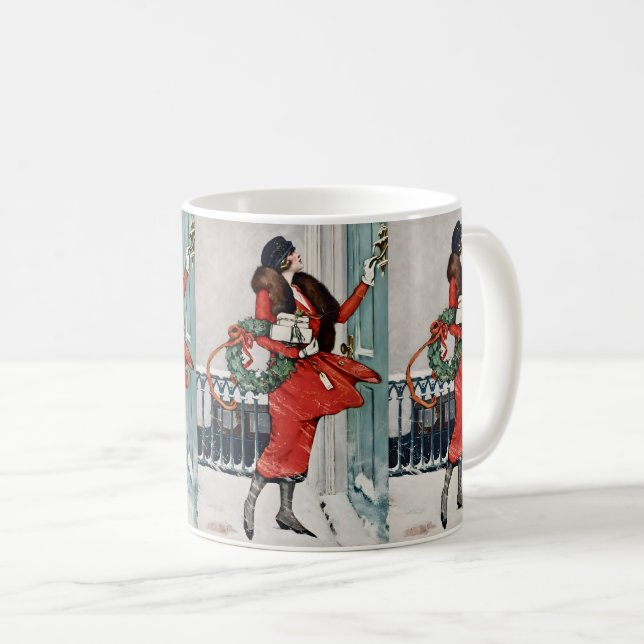 Vintage Christmas Doorstep Illustration Coffee Mug (Front Right)