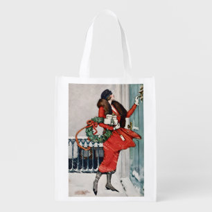 Vintage Christmas Doorstep Illustration Grocery Bag