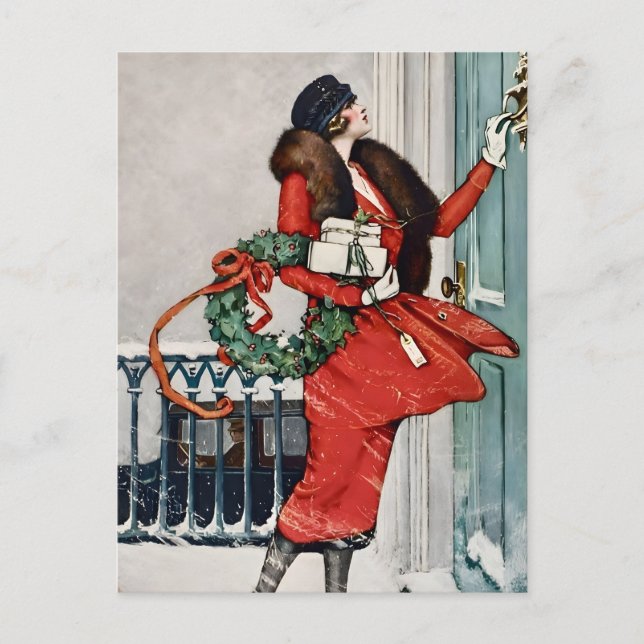 Vintage Christmas Doorstep Illustration Postcard (Front)