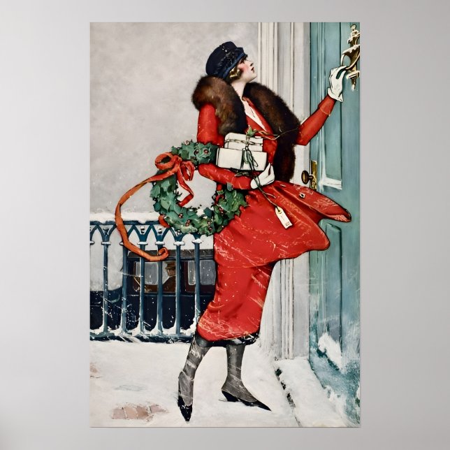 Vintage Christmas Doorstep Illustration Poster (Front)