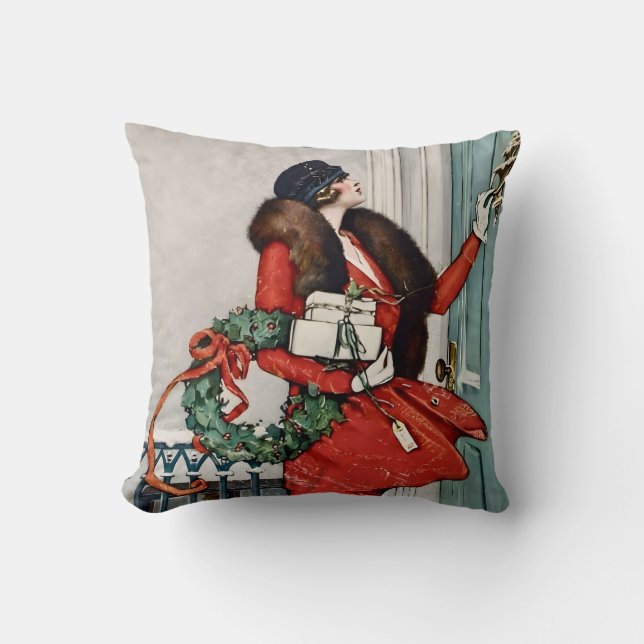 Vintage Christmas Doorstep Illustration Throw Pillow (Front)