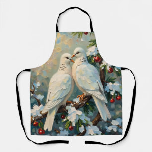 Vintage Christmas Doves on Snowy Evergreen Branch Apron
