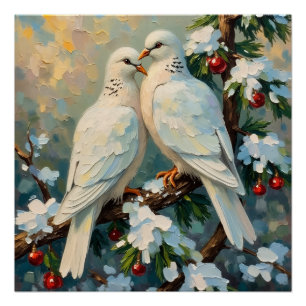 Vintage Christmas Doves on Snowy Evergreen Branch Poster