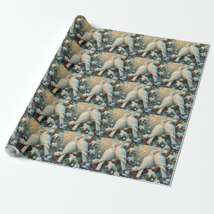 Vintage Christmas Doves on Snowy Evergreen Branch Wrapping Paper
