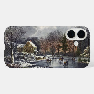 Vintage Christmas, Early Winter Skaters on a Pond iPhone 16 Case