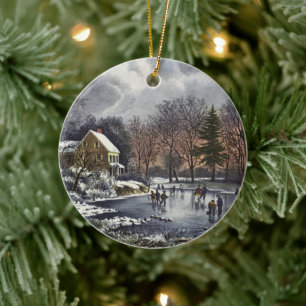 Vintage Christmas, Early Winter Skaters on a Pond Ceramic Ornament