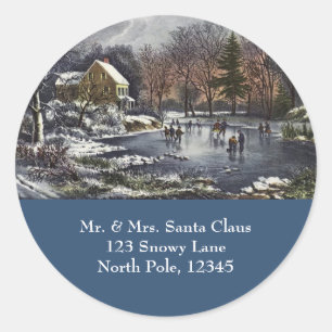 Vintage Christmas, Early Winter Skaters on a Pond Classic Round Sticker