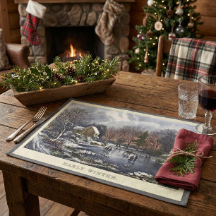 Vintage Christmas, Early Winter Skaters on a Pond Cloth Placemat