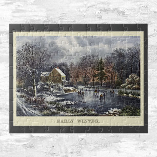 Vintage Christmas, Early Winter Skaters on a Pond Jigsaw Puzzle