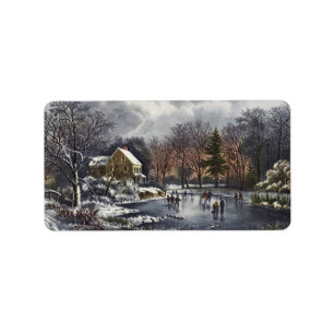 Vintage Christmas, Early Winter Skaters on a Pond Label