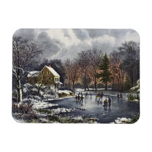 Vintage Christmas, Early Winter Skaters on a Pond Magnet