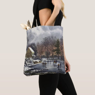 Vintage Christmas, Early Winter Skaters on a Pond Tote Bag