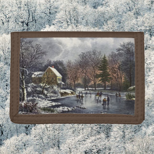 Vintage Christmas, Early Winter Skaters on a Pond Trifold Wallet
