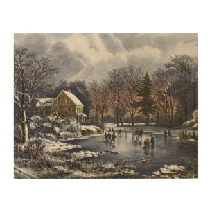Vintage Christmas, Early Winter Skaters on a Pond Wood Wall Art