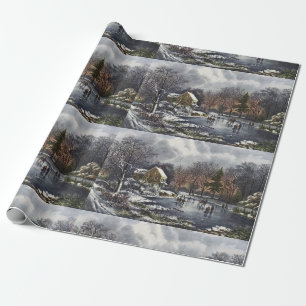 Vintage Christmas, Early Winter Skaters on a Pond Wrapping Paper