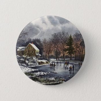 Vintage Christmas  Early Winter Skaters On Pond Button by ChristmasCafe at Zazzle