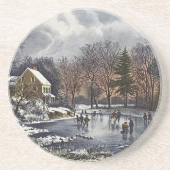 Vintage Christmas  Early Winter Skaters On Pond Coaster by ChristmasCafe at Zazzle