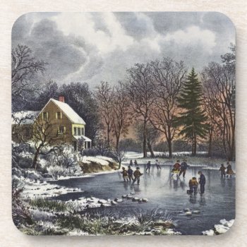 Vintage Christmas  Early Winter Skaters On Pond Drink Coaster by ChristmasCafe at Zazzle