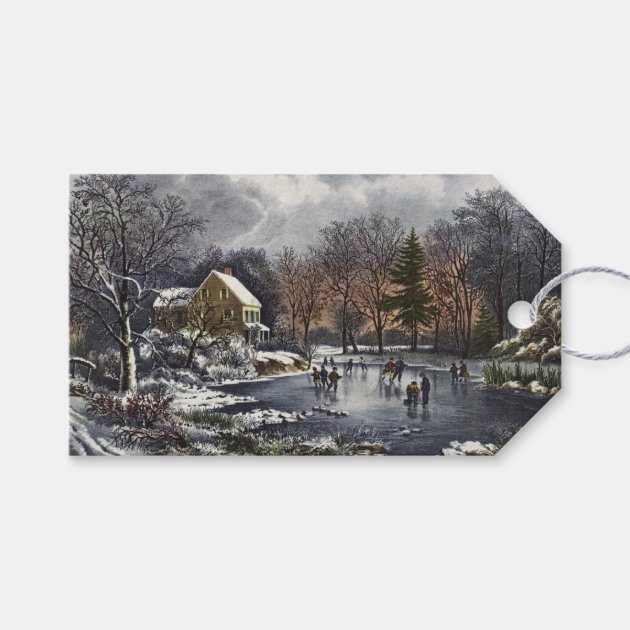Vintage Christmas, Early Winter Skaters On Pond Gift Tags