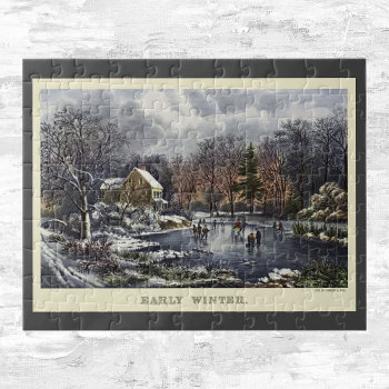 Vintage Christmas  Early Winter Skaters On Pond Jigsaw Puzzle by ChristmasCafe at Zazzle