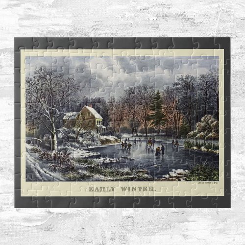 Vintage Christmas Early Winter Skaters on Pond Jigsaw Puzzle