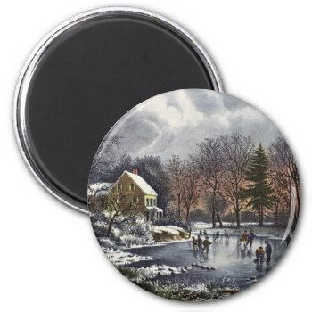 Vintage Christmas  Early Winter Skaters On Pond Magnet by ChristmasCafe at Zazzle
