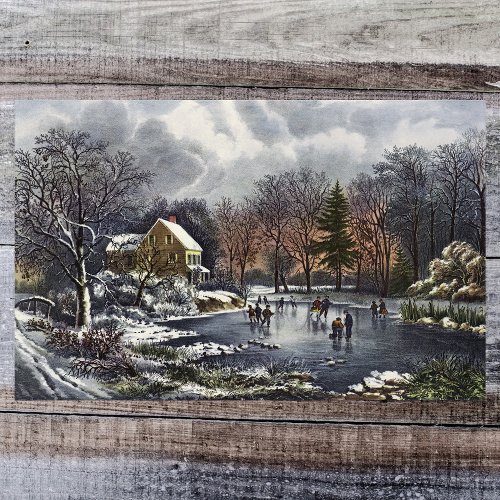 Vintage Christmas Early Winter Skaters on Pond Poster