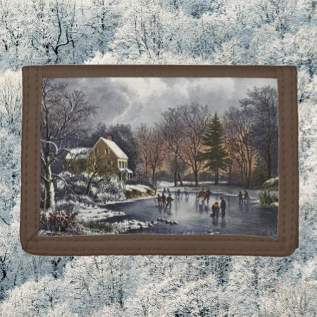 Vintage Christmas, Early Winter Skaters On Pond Tri-fold Wallet