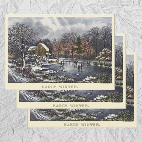Vintage Christmas Early Winter Skaters on Pond Wrapping Paper Sheets
