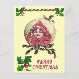 Vintage Christmas, Edwardian Girl in a hood Holiday Postcard