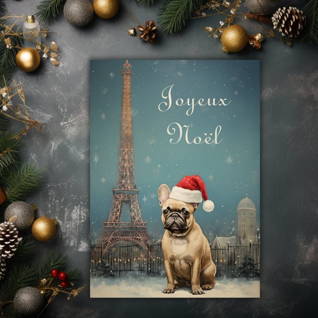 Vintage Christmas Eiffel Tower French Bulldog Holiday Card (Creator Uploaded)