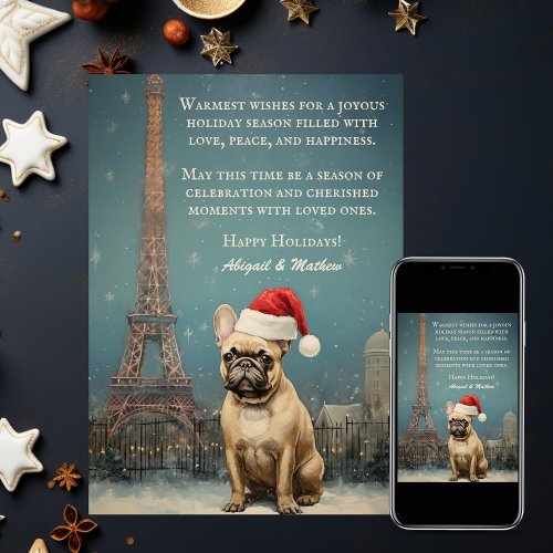 Vintage Christmas Eiffel Tower French Bulldog Holiday Card
