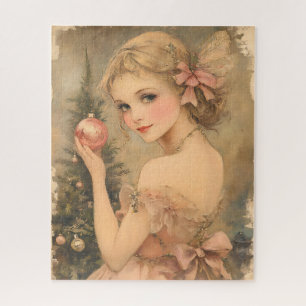 Vintage Christmas Elegant Girl with Pink Bauble Jigsaw Puzzle