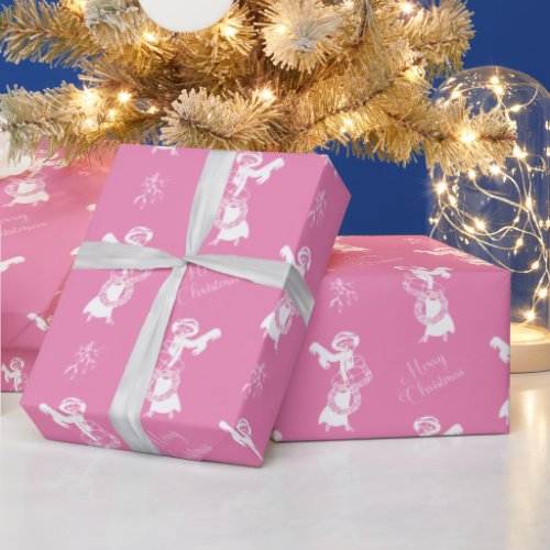 Vintage Christmas elegant shopping girl white pink Wrapping Paper