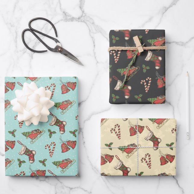 Vintage Christmas Elements Wrapping Paper Sheets (Front)