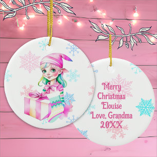 Vintage Christmas Elf Girl in Pink Ceramic Ornament