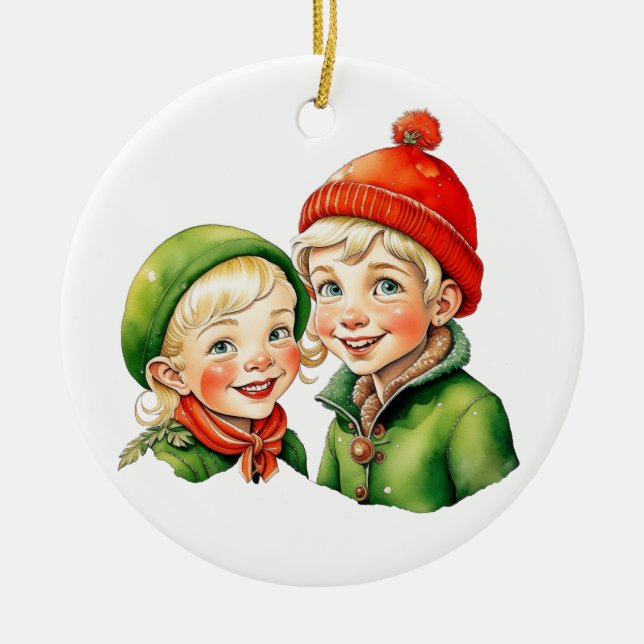 Vintage Christmas Elf  Personalized Ceramic Ornament (Front)