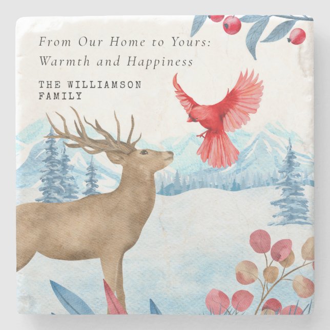 VINTAGE CHRISTMAS ELK RED CARDINAL PERSONALIZED  STONE COASTER (Front)