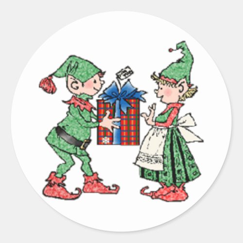 Vintage Christmas Elves Gift Giving Classic Round Sticker